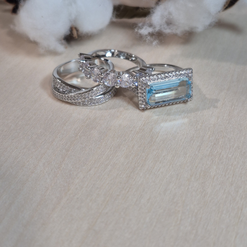 🩵🩶NEW🩵🩶 STUNNING!! Vintage 3PC Set Aquamarine CZ'S Rings In SILVER Plating - Picture 10 of 16